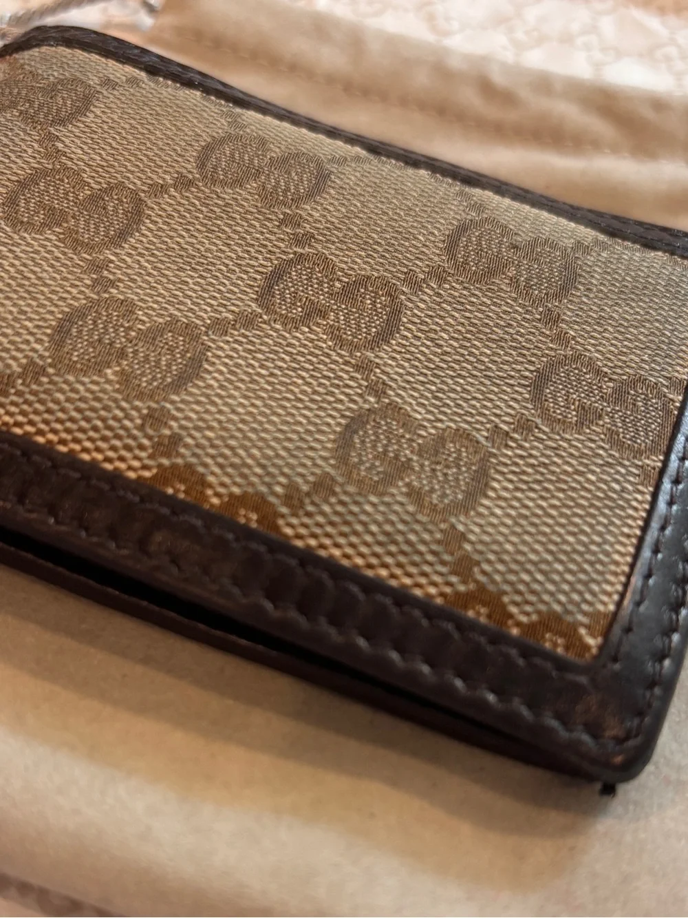 Gucci Brown Monogram Canvas Bifold Card & Money Wallet. Mini.